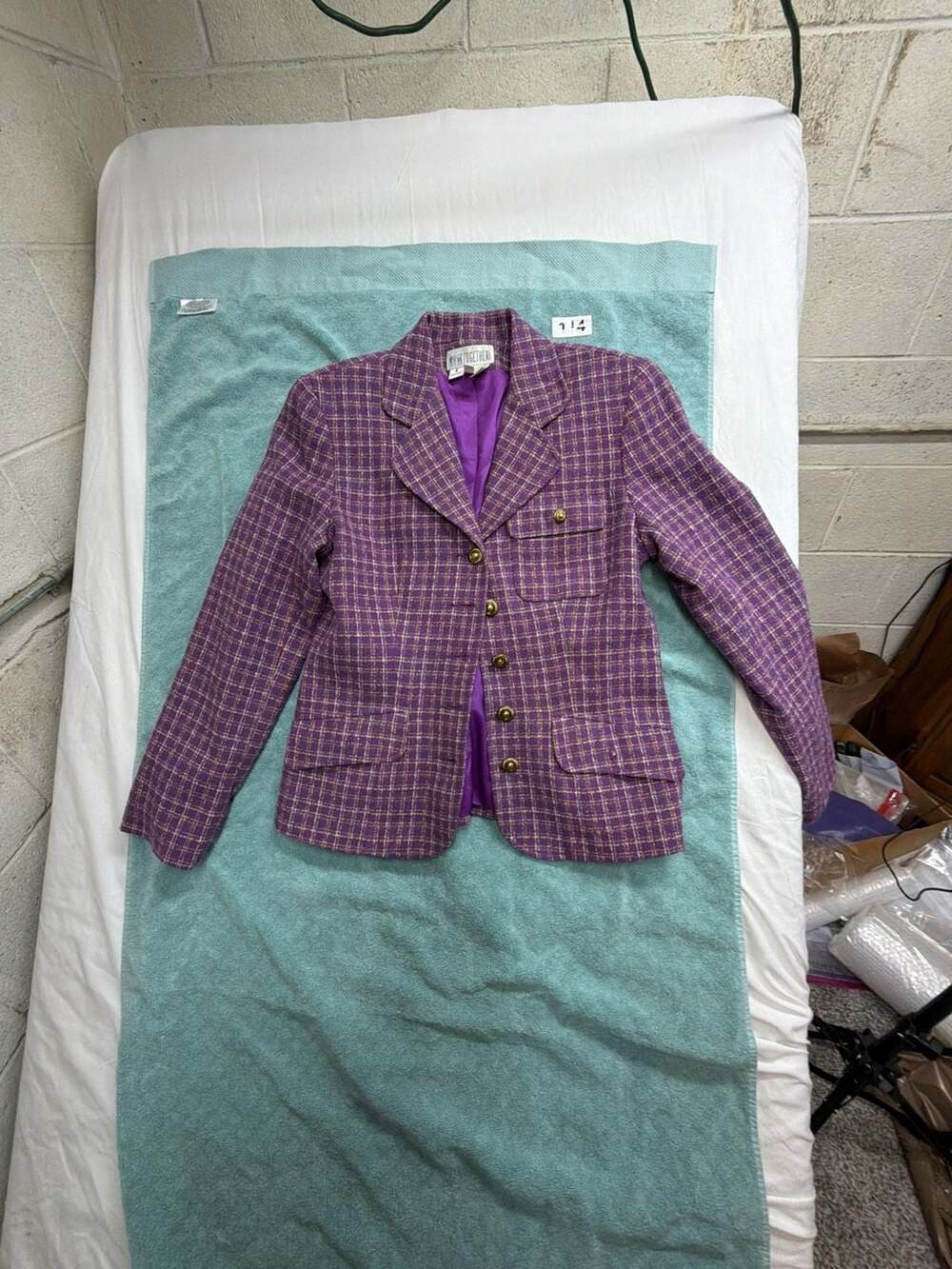 Together! Vintage Purple Plaid Tweed Blazer Jacket Gold Buttons Size 6
